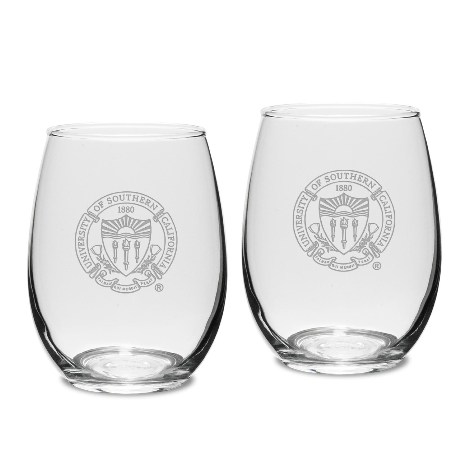 USC Seal Stemless Wine Glass Set of Two 15oz Campus Crystal image01